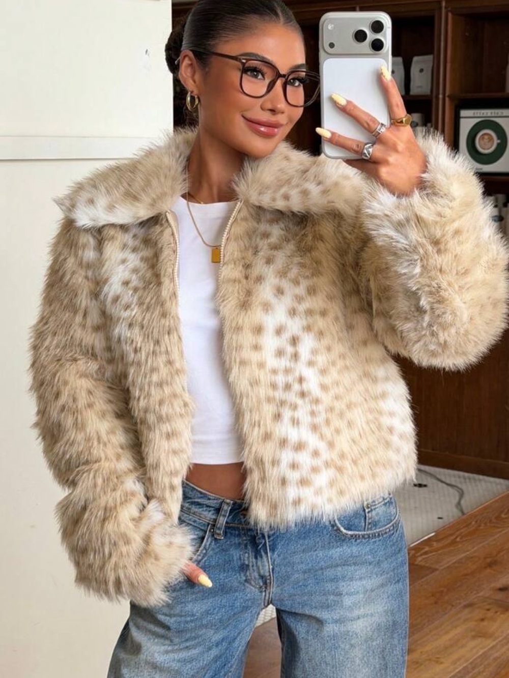 Women's Winter New Animal Texture Faux Fur Coat With Lapel, Suitable For
